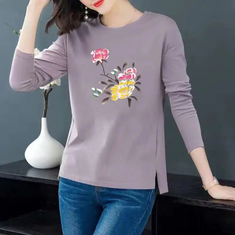 Long Sleeve Tees Shirt Women Tunic Tops Loose Casual Female T Shirt Clothes Split Plus Size Ladies Round collar Graphic Pullover 240806