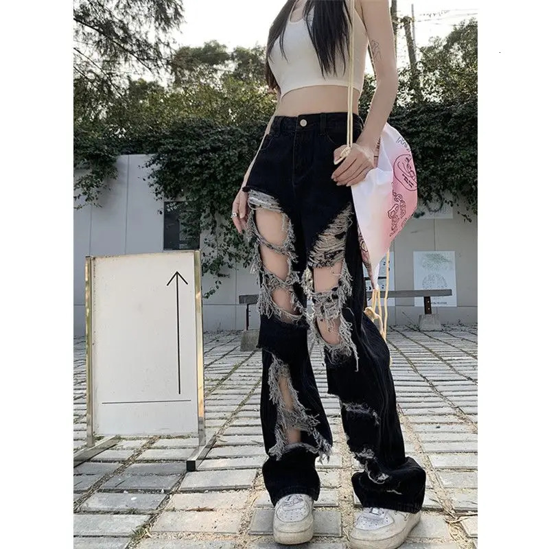 Y2k Broken Hole Jeans All-Match Distressed Women High Street Hip Hop High Waist Straight Loose Trousers Washed Mopping Pants 240806