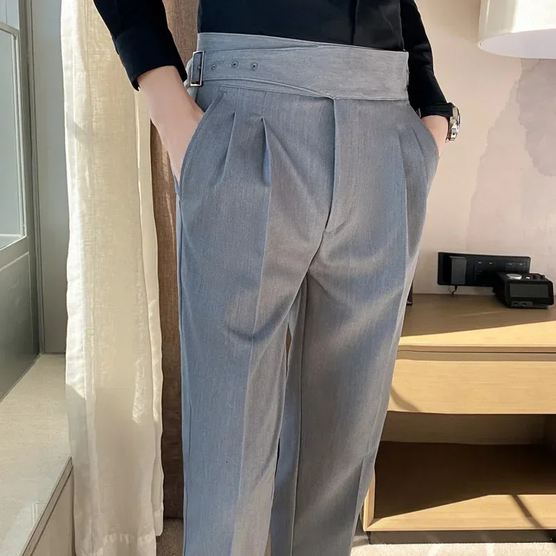 Men High Waist Dress Pants Trousers Spring British Style Straight Solid Casual Slim Fit Suit Fashion Clothing 240806