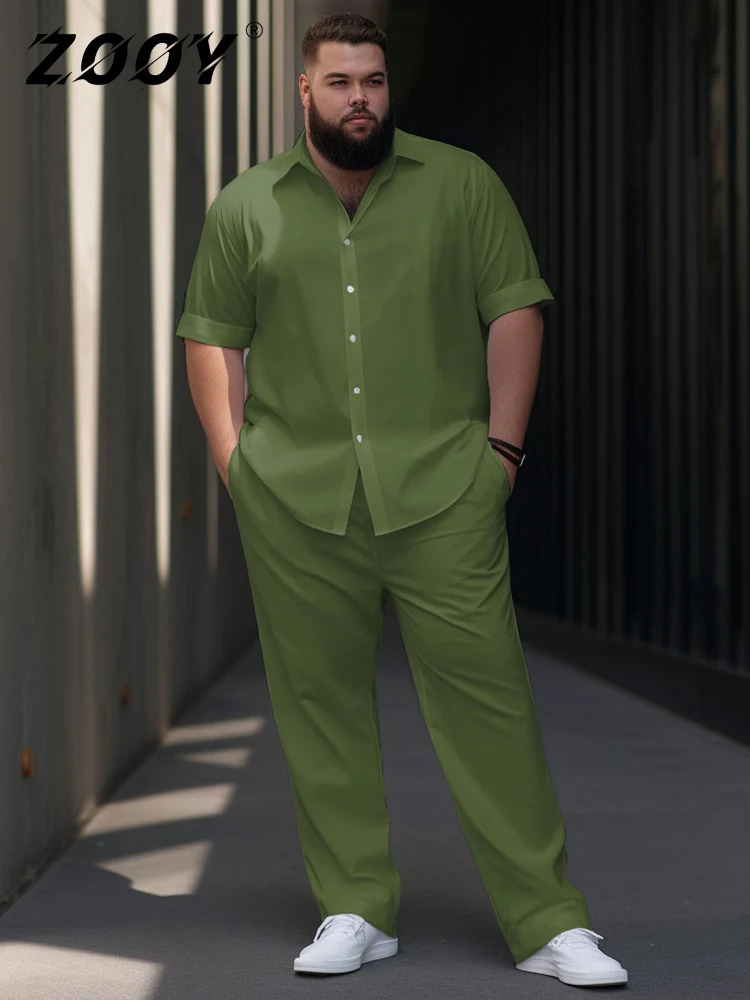 ZOOY L-9XL plus size mens waist 166cm solid color multi-color daily casual loose shirt short sleeved pants set240806