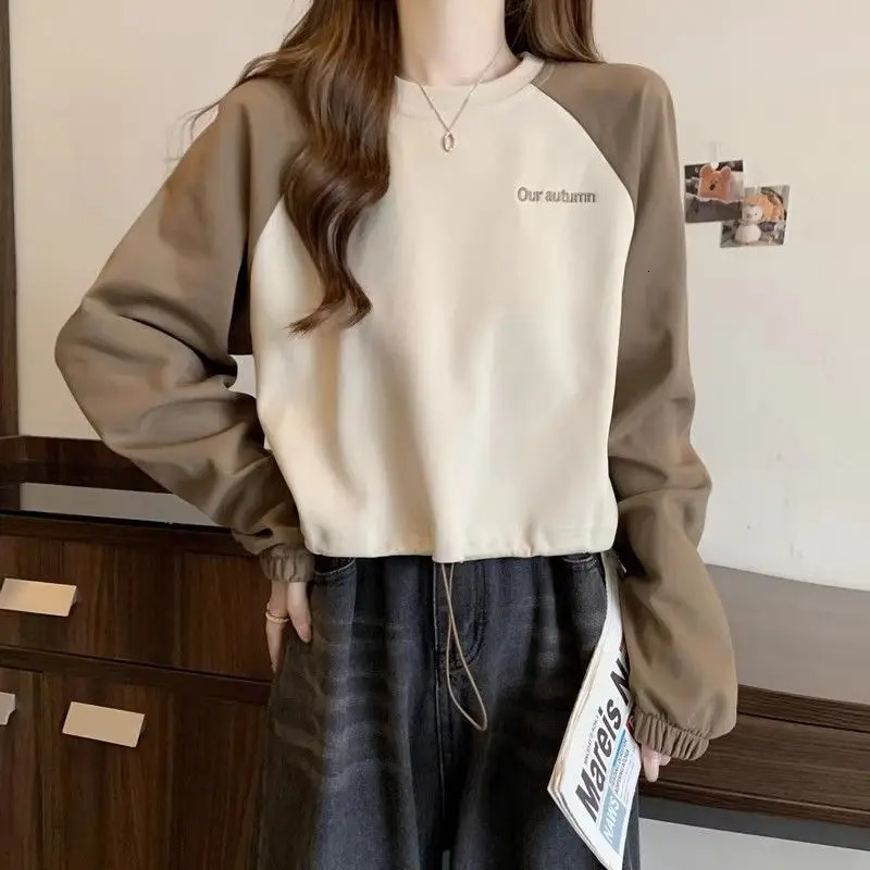 Office Lady Contrast Color Pullover Letter Embroidered Lantern Long Sleeve Womens Clothing Casual Loose Hoodies Round Neck Tops 240806