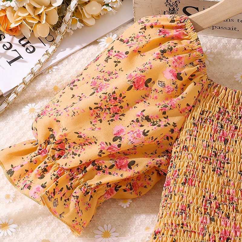 Summer dress 8-12 year old childrens girl fluffy sleeves yellow floral long dress elegant princess birthday party daily dressW240720