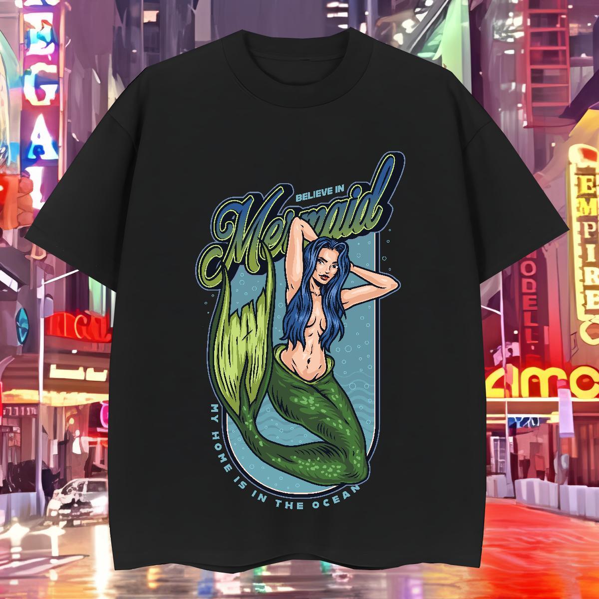 T-Shirts for Men 230g Pure Cotton mermaid Casual Daily Wear Breathable Soft DIY Mens Tshirts Fashion Design Comfortable Polos