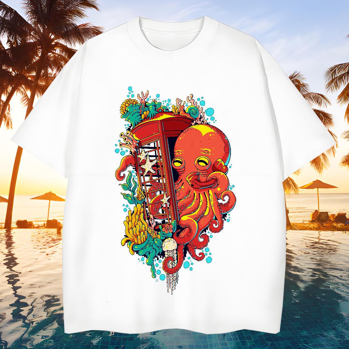 Classic Couples T Shirts 230g 100% Cotton octopus T Shirt For Man Spring Summer Breathable Short Sleeve Oversized 2024 New Tees Shirts