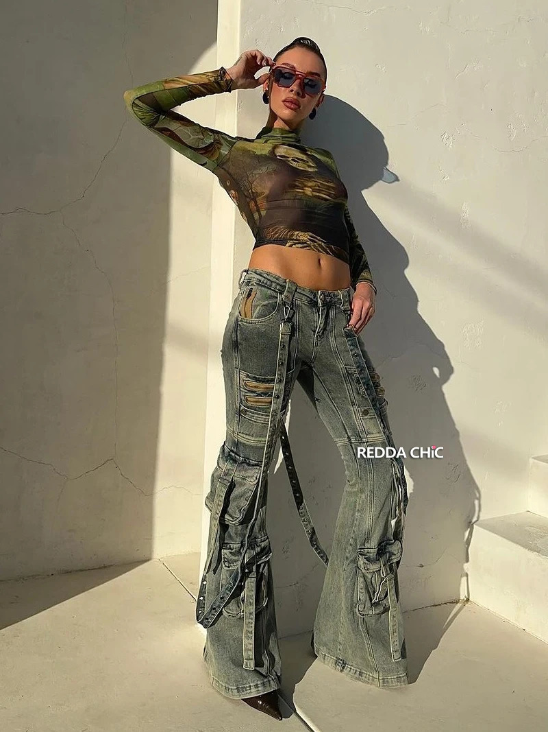 ReddaChic Low Waist Cargo Pockets Flare Jeans Women Detachable Belt Vintage Blue Distressed Bootcut Pants Grunge Y2k Streetwear 240806
