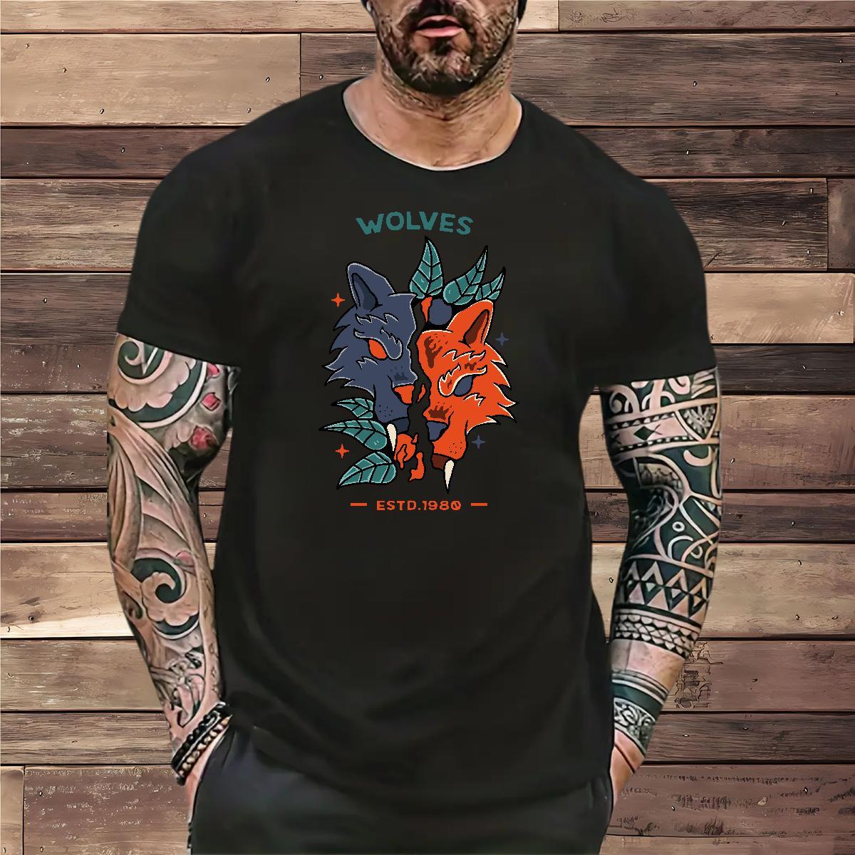 Comfortable Mens Tshirts 100% Cotton 230g wolf T-Shirts for Men Daily Wear O Neck Short Sleeves Anime Print 2024 Summer Tops Shirt
