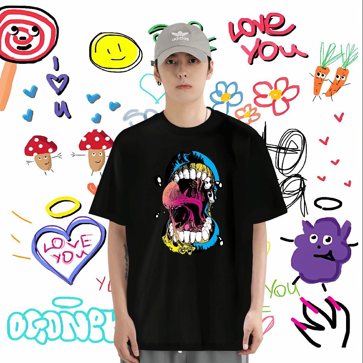 T Shirts Men 230g Cotton icon Street wear Hip Hop Crew Neck Breathable Anime Tshirts Fashion Unisex Polos