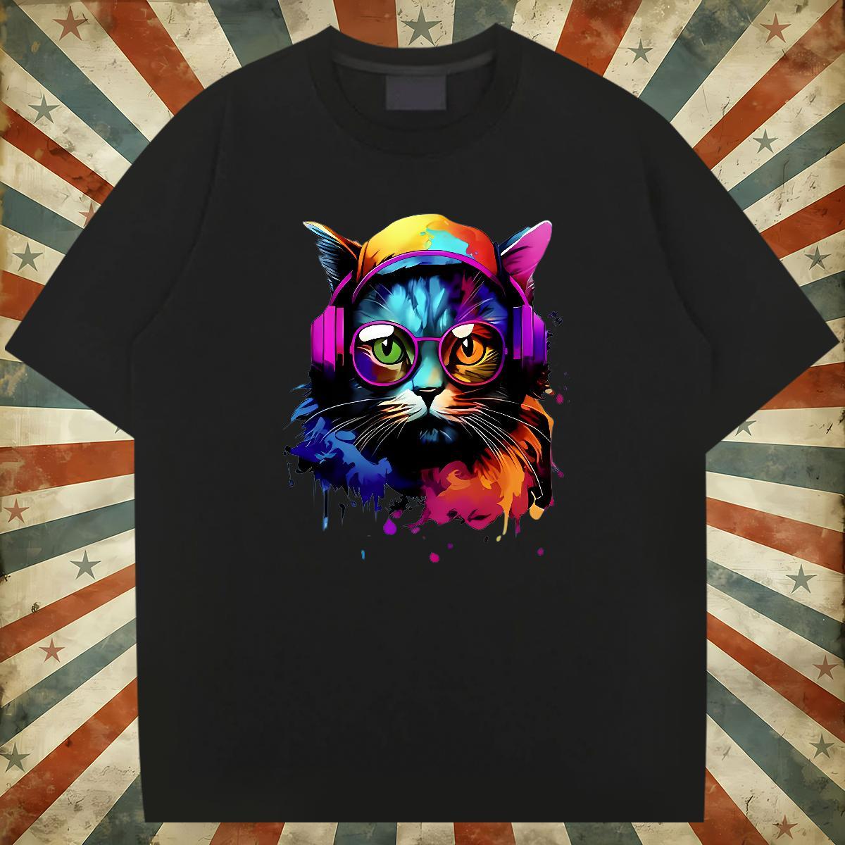 Classic Casual Mens T Shirts 230g Cotton colorful cat Spring Summer Polos Breathable Crew Neck Loose Fit Men Tops Tees DIY