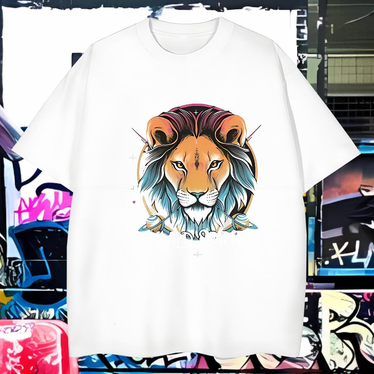 Mens T Shirts 230g 100% Cotton lion Summer Casual Breathable Crew Neck Floral Print Men Clothes T-Shirt Fashion Design Comfortable Clothings