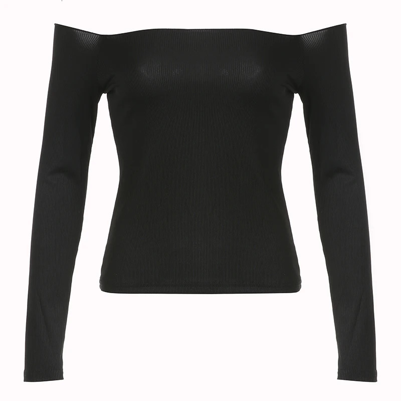 CIBBAR Solid Slash Neck Crop Top Women Off Shoulder Long Sleeve Skinny T-shirt Harajuku y2k Femme Clothing Autumn Casual Shirts 240806