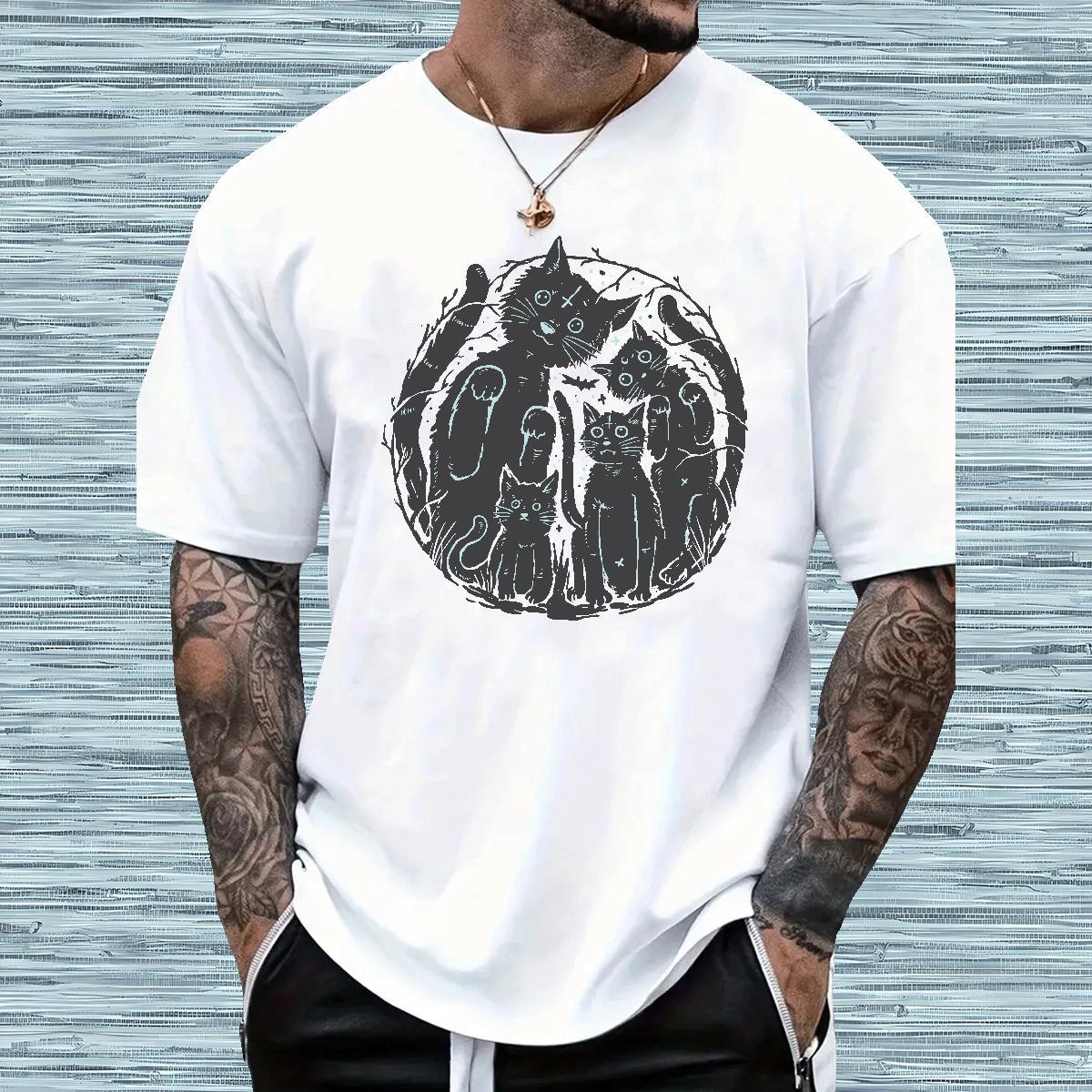 Classic Casual T Shirts Men 230g Pure Cotton cat High Street Hip Hop Tees Breathable Short Sleeve Cool Tshirts White Plus Size