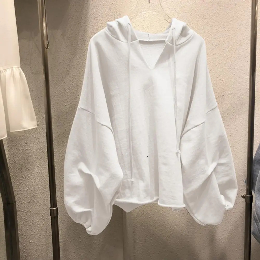 Women Hoodies Sweatshirt Solid Color Drawstring Pullover Hoodie Autumn Batwing Sleeve V-Neck Women Sweatshirt Loose Jumper 240806