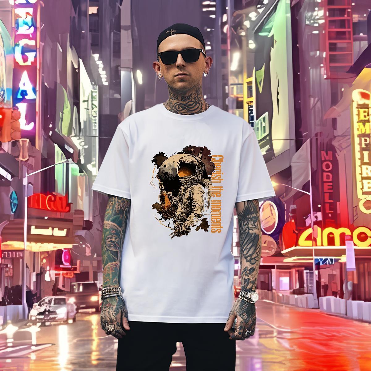 Mens T Shirts 100% Cotton 230g cosmonaut Outdoor Crew Neck Breathable DIY Anime Men Tshirts 2024 Loose Clothings