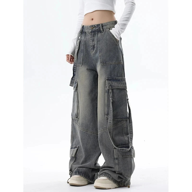 Women Vintage Blue Gothic Cargo Jeans Y2k Wide Leg Denim Pants Oversize 2000s High Waist Jeans Korean Baggy Trousers 90s Jeans 240806