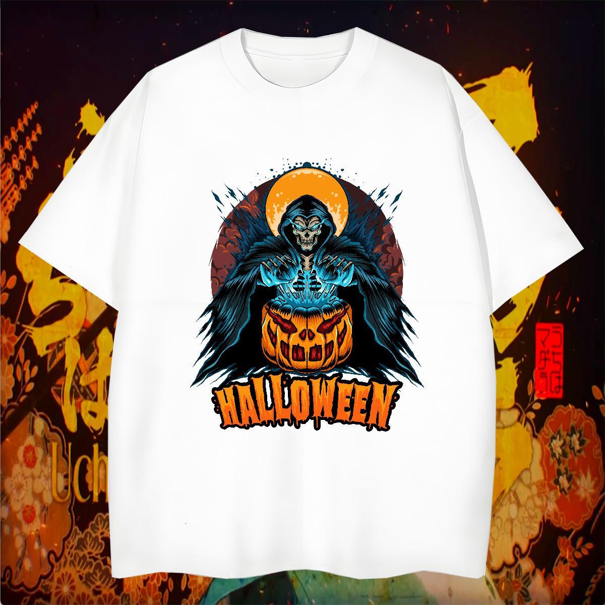 T-Shirts for Men 100% Cotton 230g Halloween Casual Beach Round Neck Short Sleeve Skull Mens Tshirts 2024 Designer Brand Wear