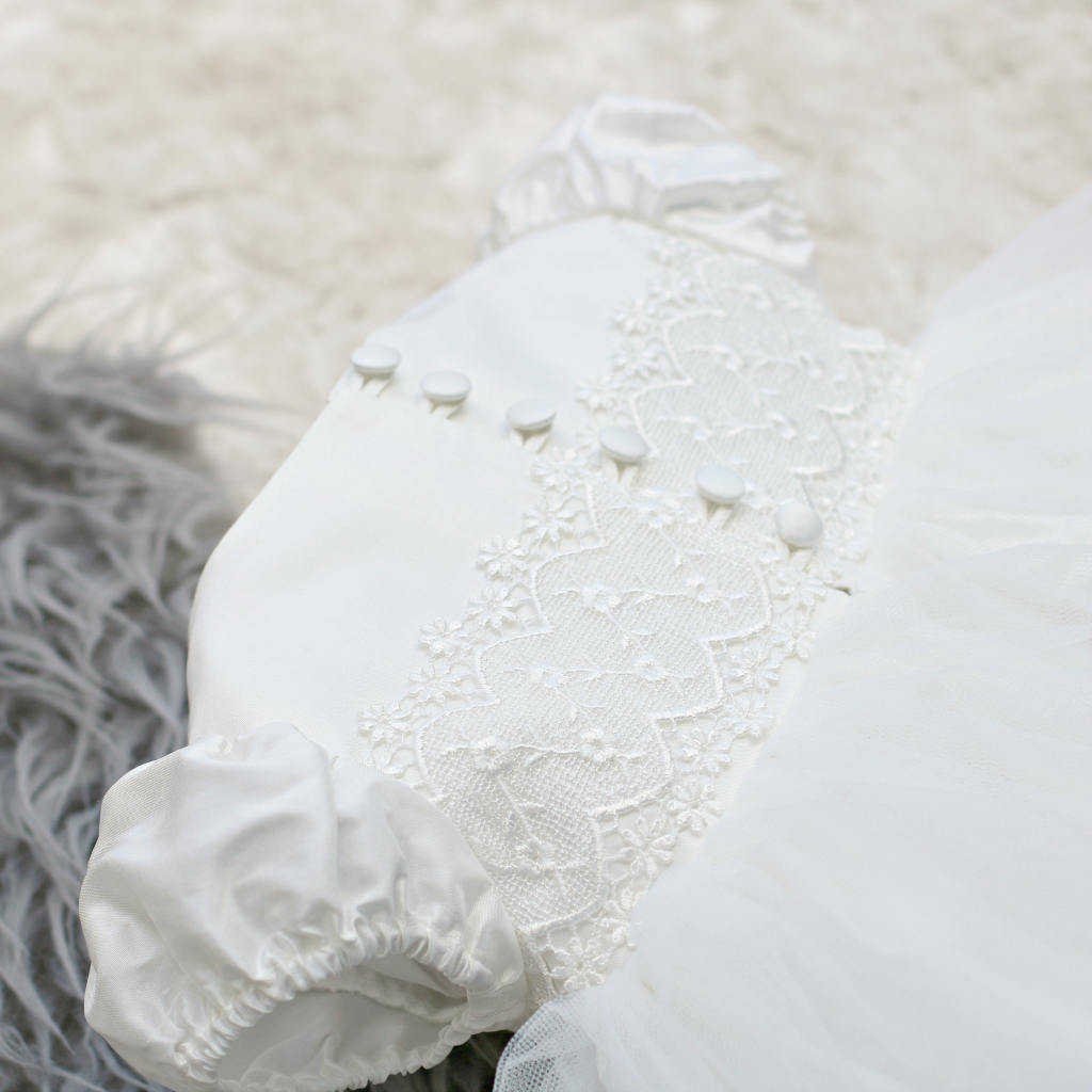 Princess First Communion Gown For Baby O Neck Tulle Christening Dresses For Newborns Short Sleeve Appliques Bow Kid Formal Wear Baptism Dress