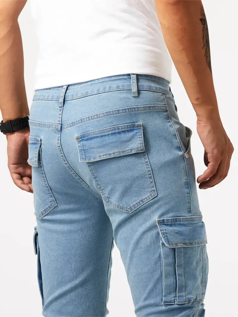 Street Elastic Jeans Men Denim Cargo Pants Wash Solid Color Multi Pockets Casual Mid Waist Trousers Slim Fit Daily Wear Joggers 240806