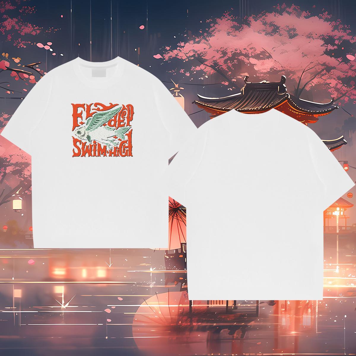 2024 DIY T-Shirts 230g Pure Cotton fish High Street Hip Hop Tees Short Sleeve Soft TOP Quality Men Tshirts Oversized 3XL 4XL