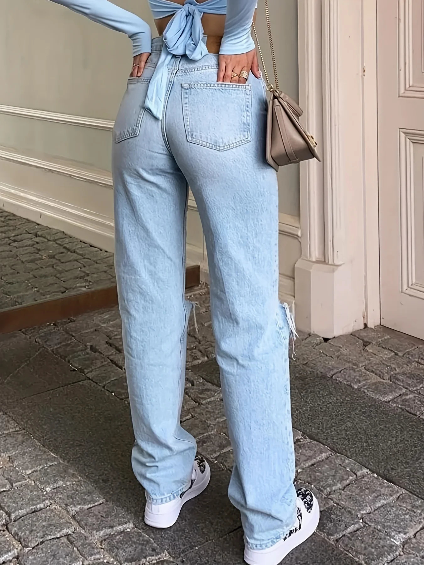 Blue Ripped Holes Straight Jeans Loose Fit Slant Pockets Non-Stretch Casual Denim Pants Womens Denim Jeans Clothing 240806