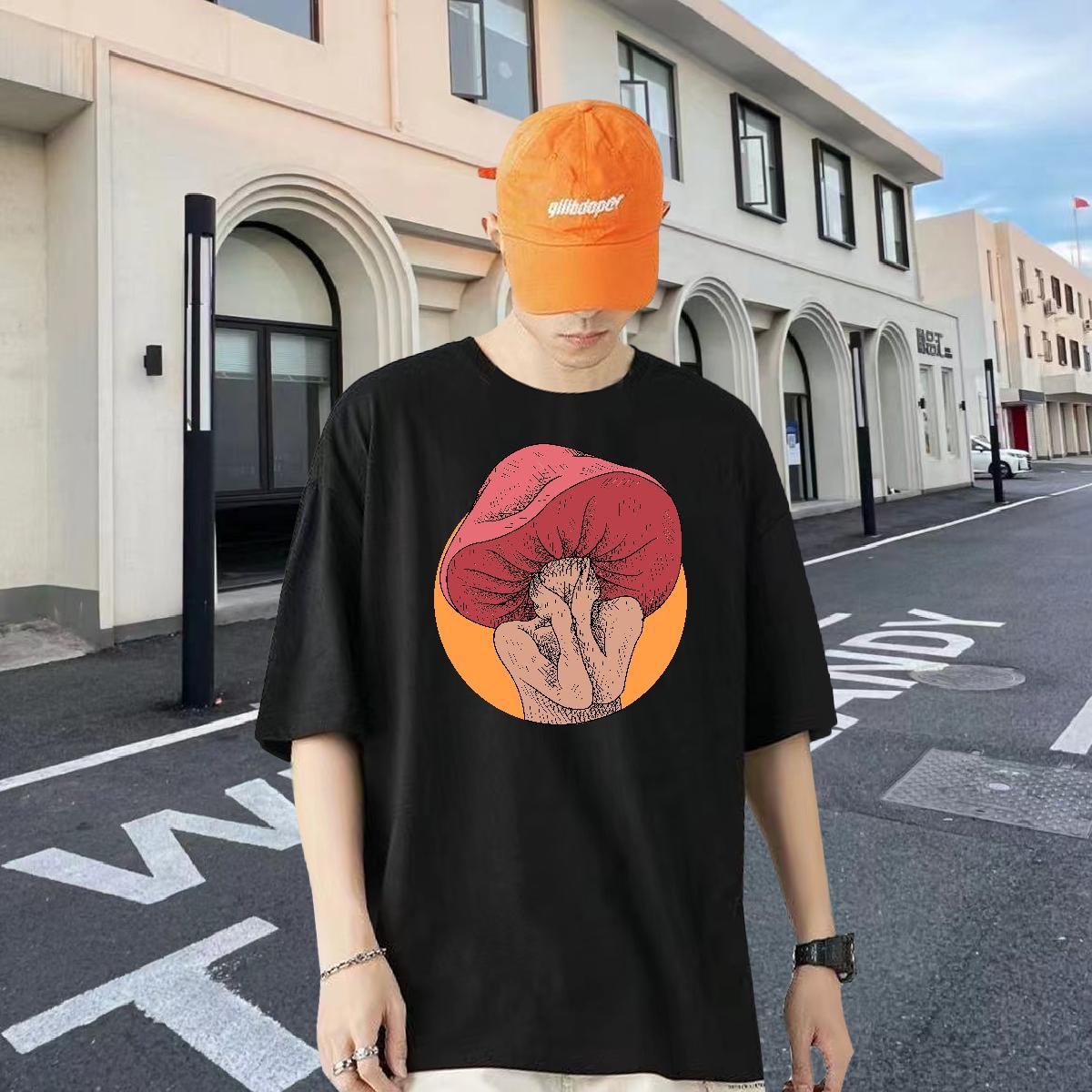 Stylist T-Shirts for Men 230g Pure Cotton mushroom Street Wear Tees O-Neck Short Sleeve Brand Men Tshirts Anime Print