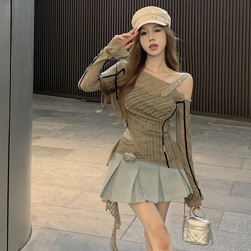 Vintage Tops One Shoulder Knit Slim Fit Irregular Hem T Shirt Korean Grunge Y2K Crop Tees Summer Ruched Long Sleeve Tees Shirt 240806