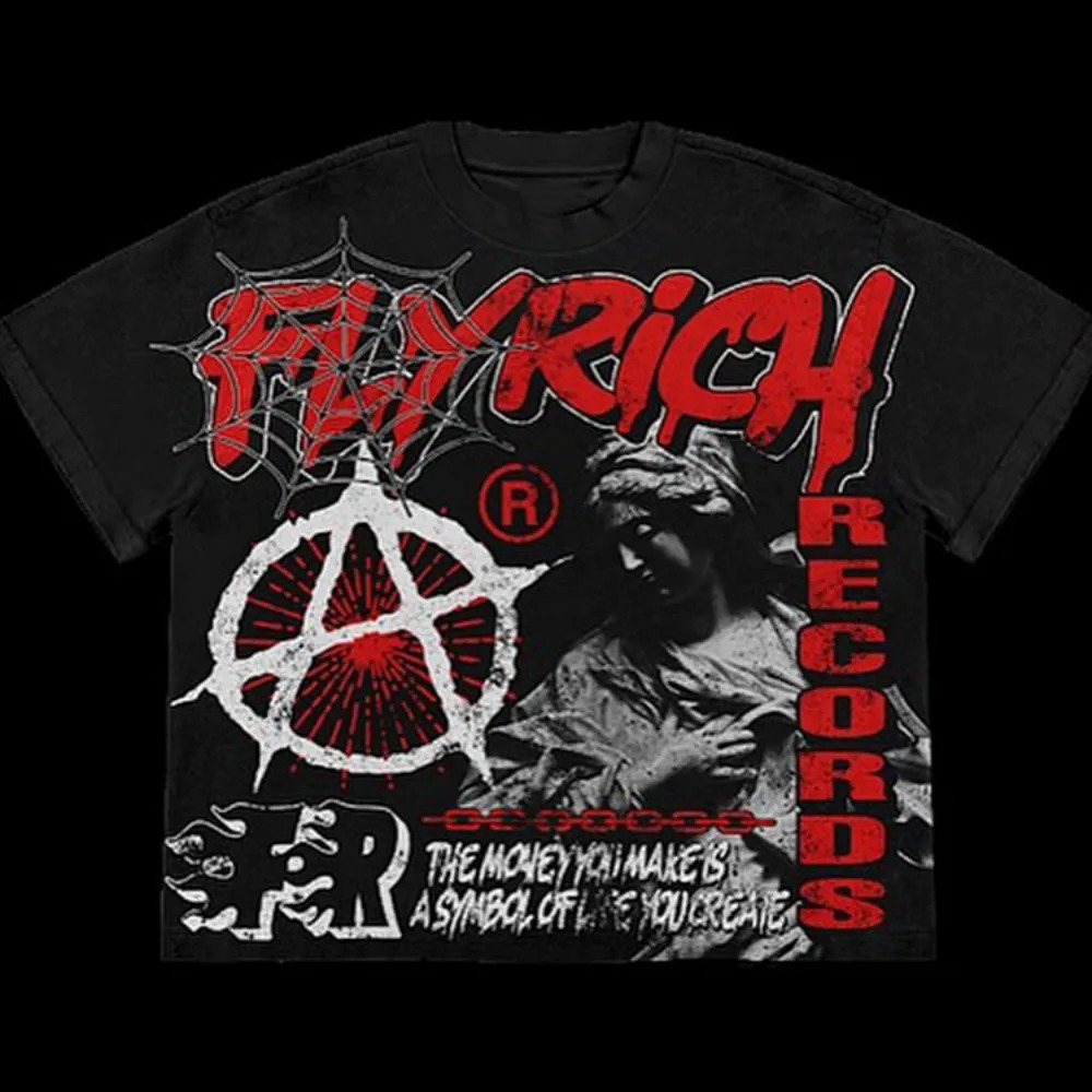 Y2K Vintage FlyRich World Graphic Print 100% Cotton T-Shirt Men Short Sleeves Vintage Oversize Tshirt Streetwear Women Tops