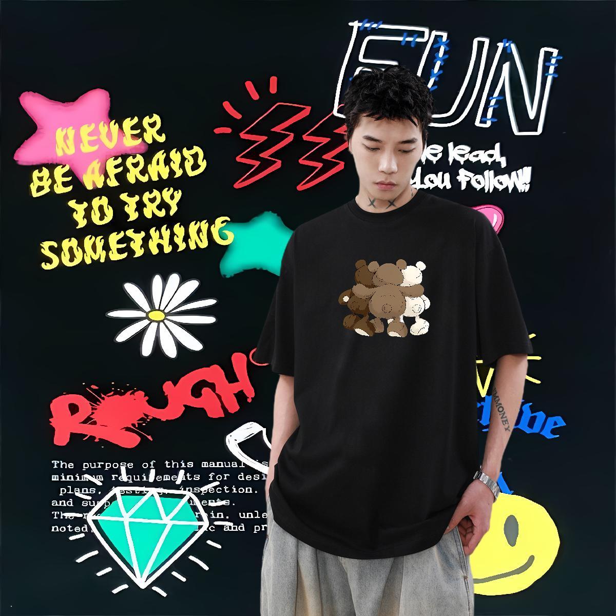 Fashion Casual T-Shirts 100% Cotton 230g bear Anime Printing Street Wear Breathable Short Sleeve Classic Tshirts Customized