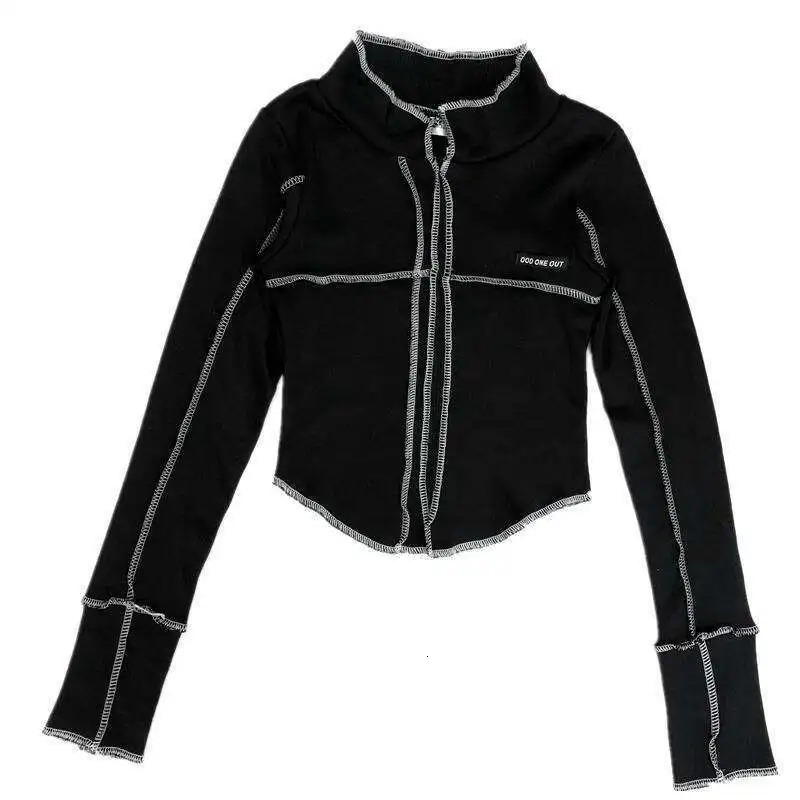 selling summer s T-shirt black irregular crop top ultra-thin polo collar long sleeved cardigan patchwork fashionable womens T-shirt 240827