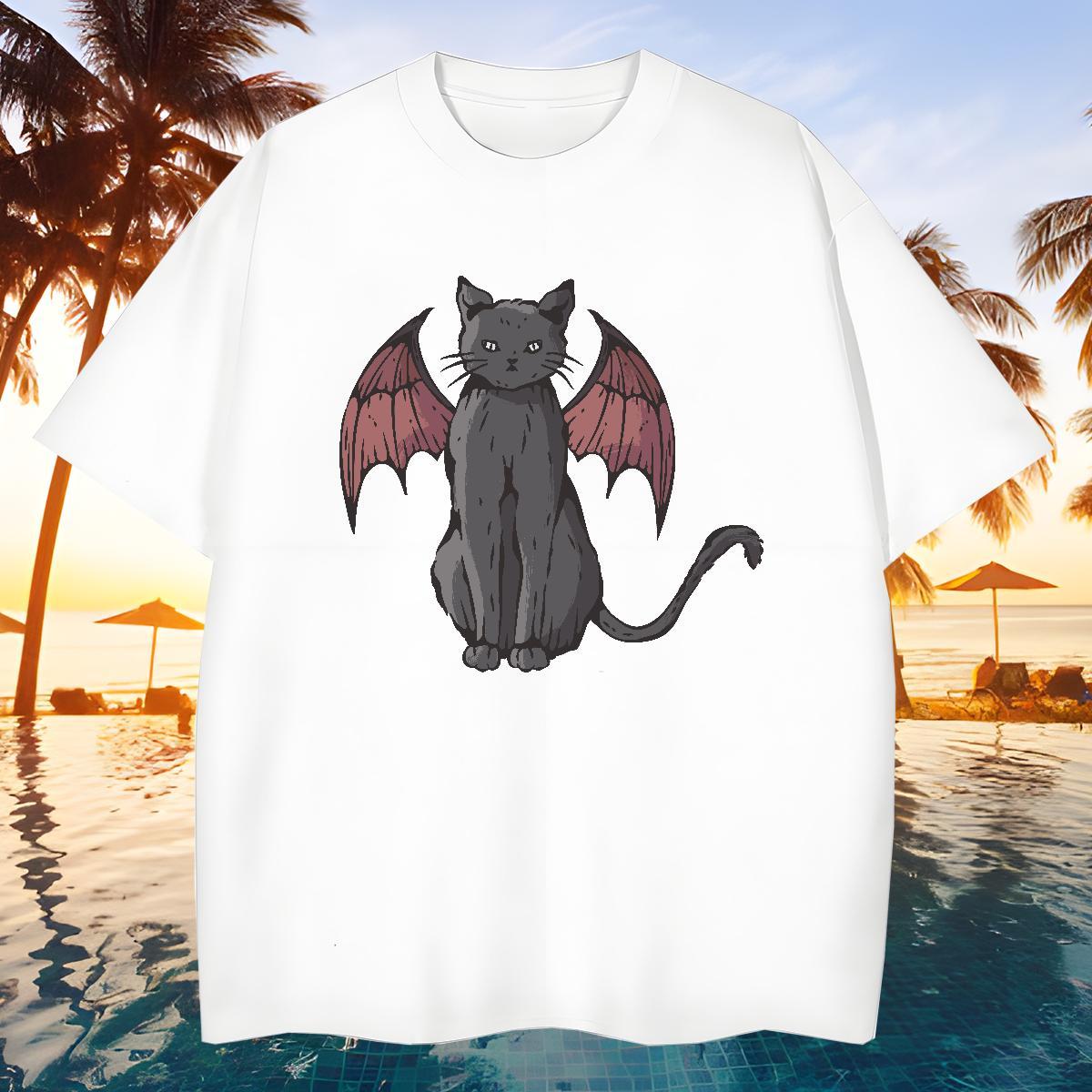 Loose Fit Tshirts 100% Cotton 230g cat Men T Shirts Street Breathable Crew Neck DIY Anime Fashion Wear