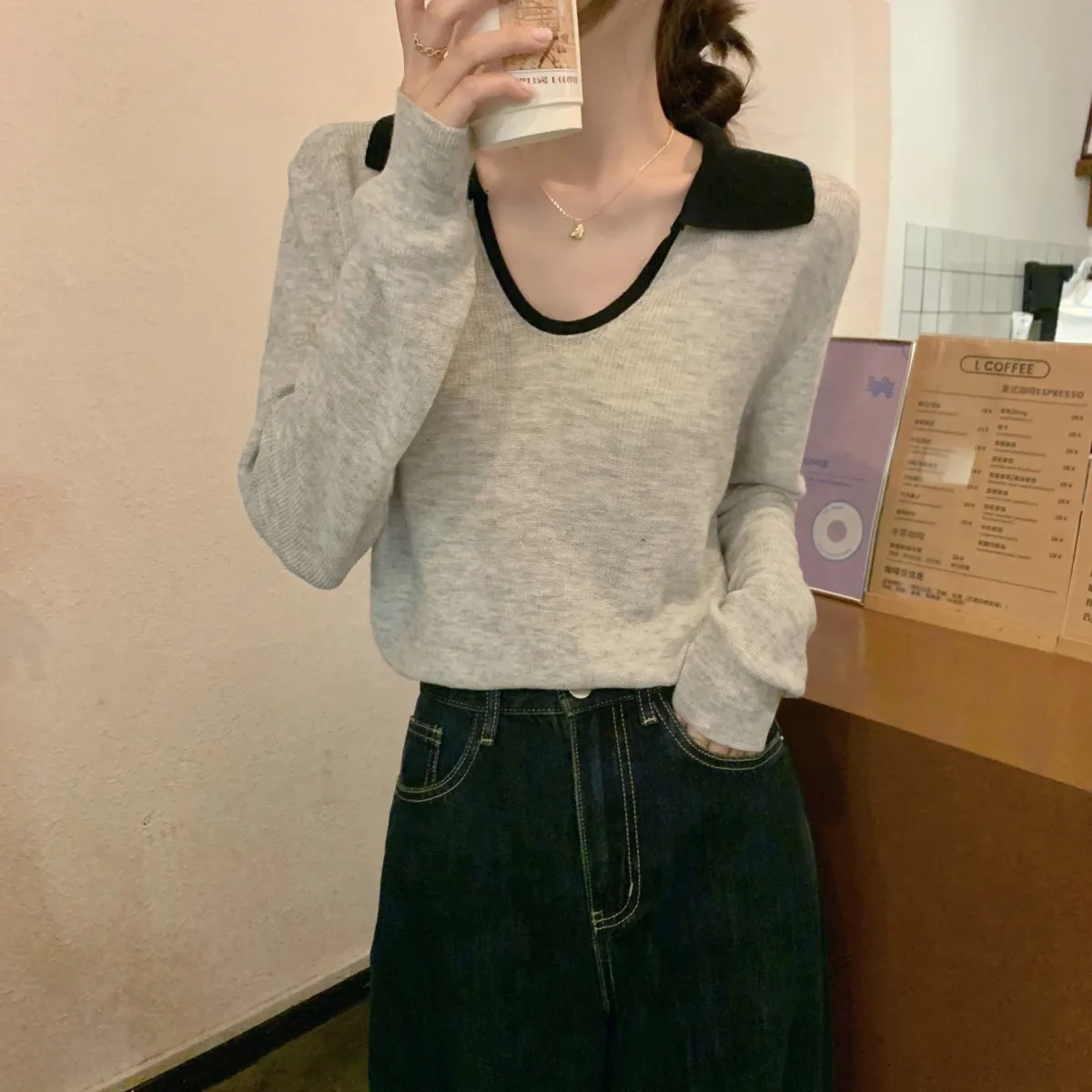 Womens autumn fashion polo neck compared to loose wool knitted long sleeved top Harajuku graphic T-shirt Y2k top 240827