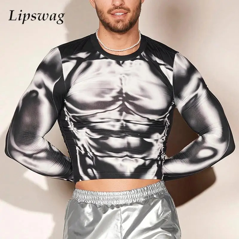 Y2K Mens T Shirts Sexy Elastic Slim Long Sleeve O Neck Bottoming T-shirt Men 2024 Fall Fashionable Muscle Print Tops Streetwear 240806