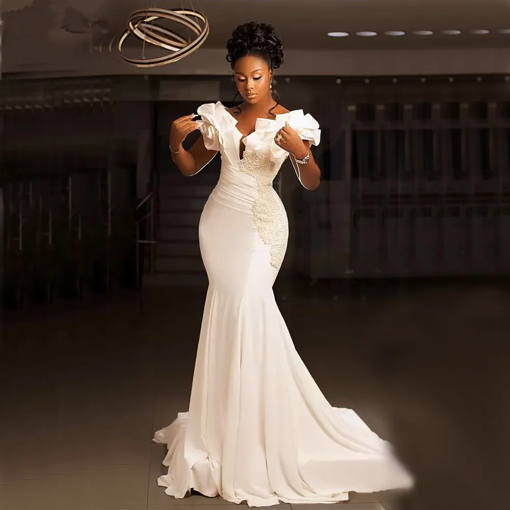 Elegant Mermaid Wedding Dresses for Bride Off Shoulder Corset Back Sweep Train Pleats Beads Pearls Garden Country Bridal Gowns