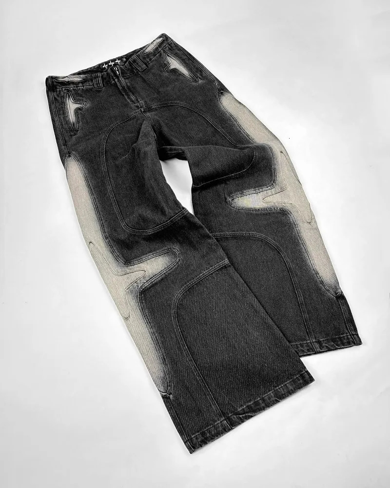 Street retro fashion washed old black pocket jeans for men Y2K Harajuku hiphop pop gothic casual high waist wide leg 240808