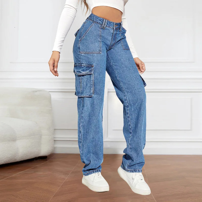 Blue Autumn Cargo Jeans Women High Waist Button Pocket Loose Denim Pants High Quality Fashion Female Cowboy Trousers 240806
