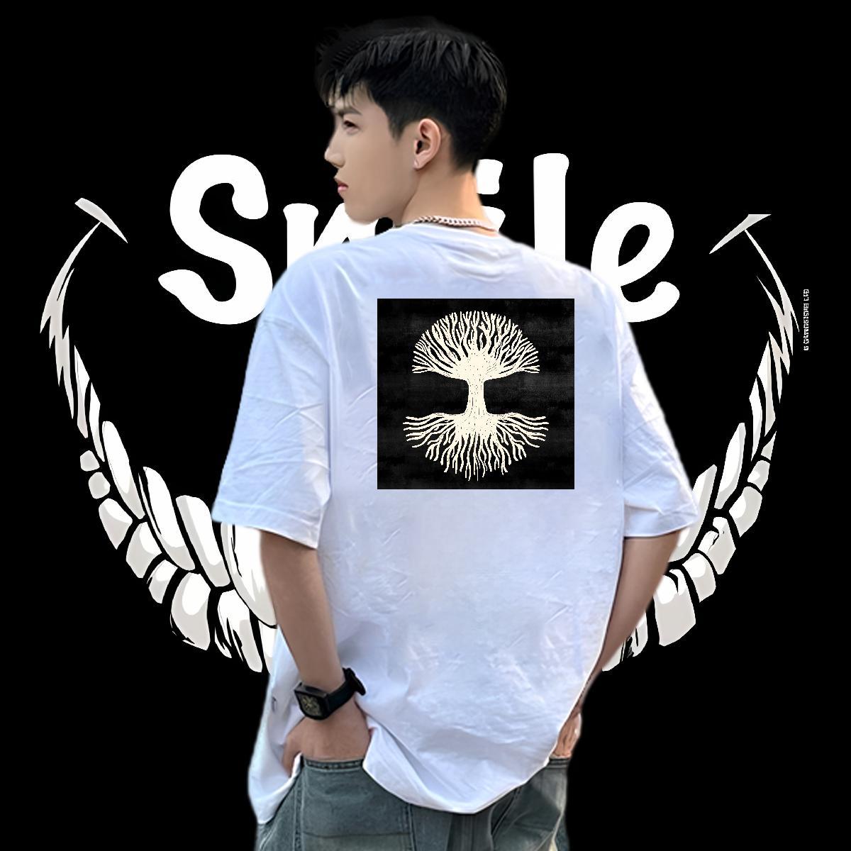 Classic Casual T Shirts Men 230g 100% Cotton tree Anime Printing Street Clothes Breathable Short Sleeve Cool Men Tops Tees White Plus Size