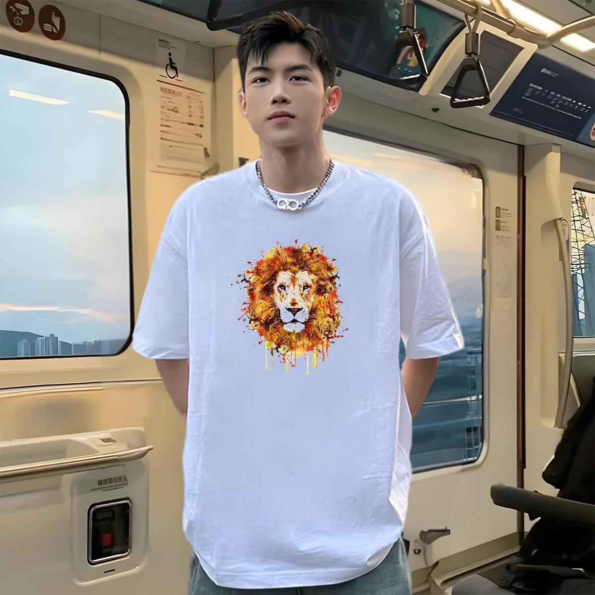 Classic Men T Shirts 230g Cotton lion Summer Casual Clothes Crew Neck TOP Quality Tshirt for Man Woman Custom Cartoon
