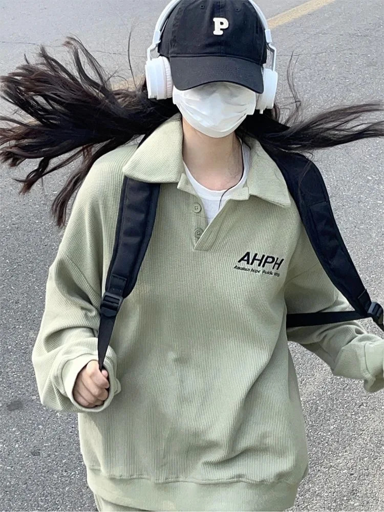Avocado green retro polo shirt womens hooded sweatshirt oversized waffle sweater Korean autumn Y2K Harajuku long sleeved T-shirt for teenagers 240827