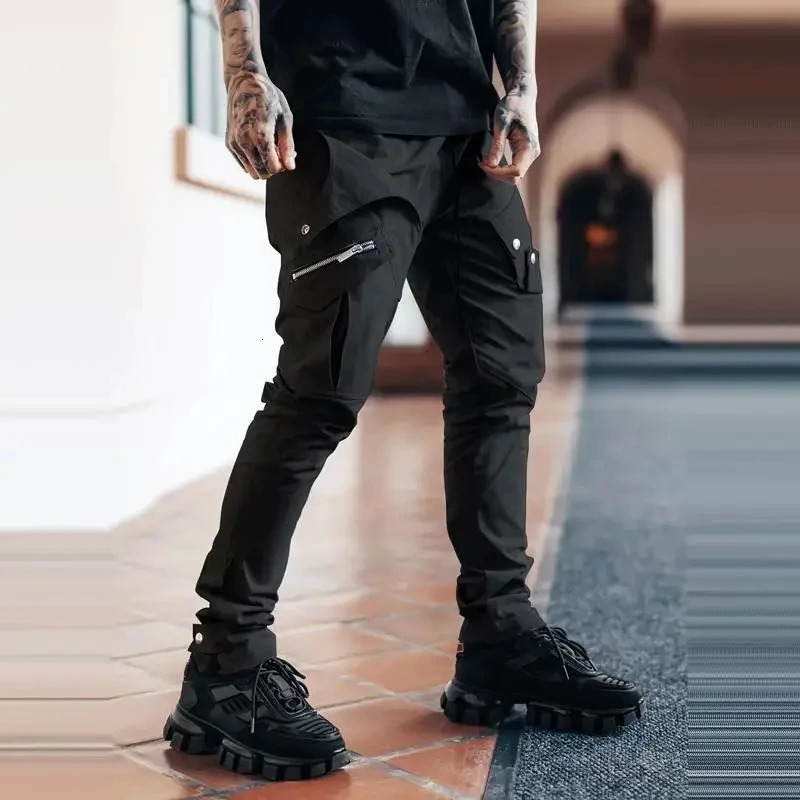 Mens side pocket cargo pants zipper black gray khaki hiphop casual mens jogging Trouser fashion streetwear Pantalones Hombre w240824
