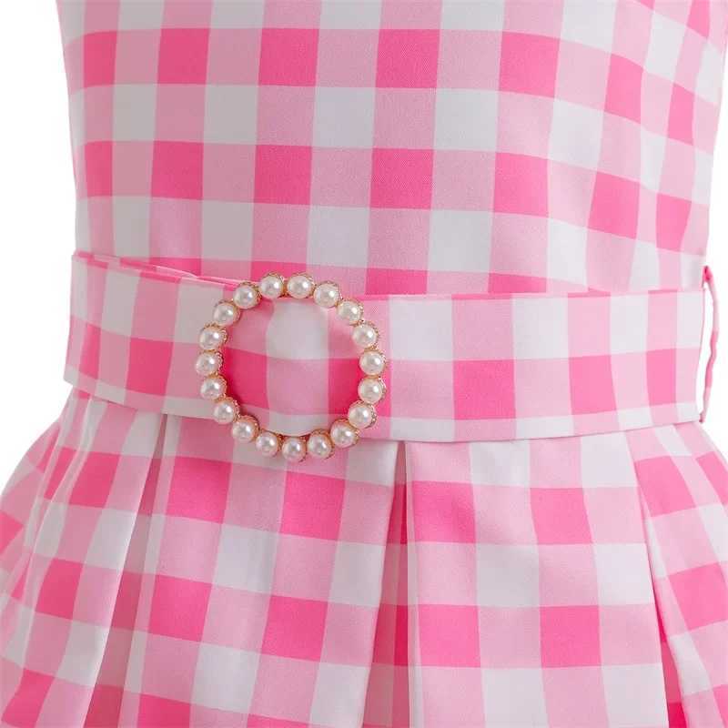 2024 New Movie Costume Girl Role Play Pink Checkered Dress Childrens Summer Sleeveless Dress Childrens Party Clothing 3-10 YearsW240720