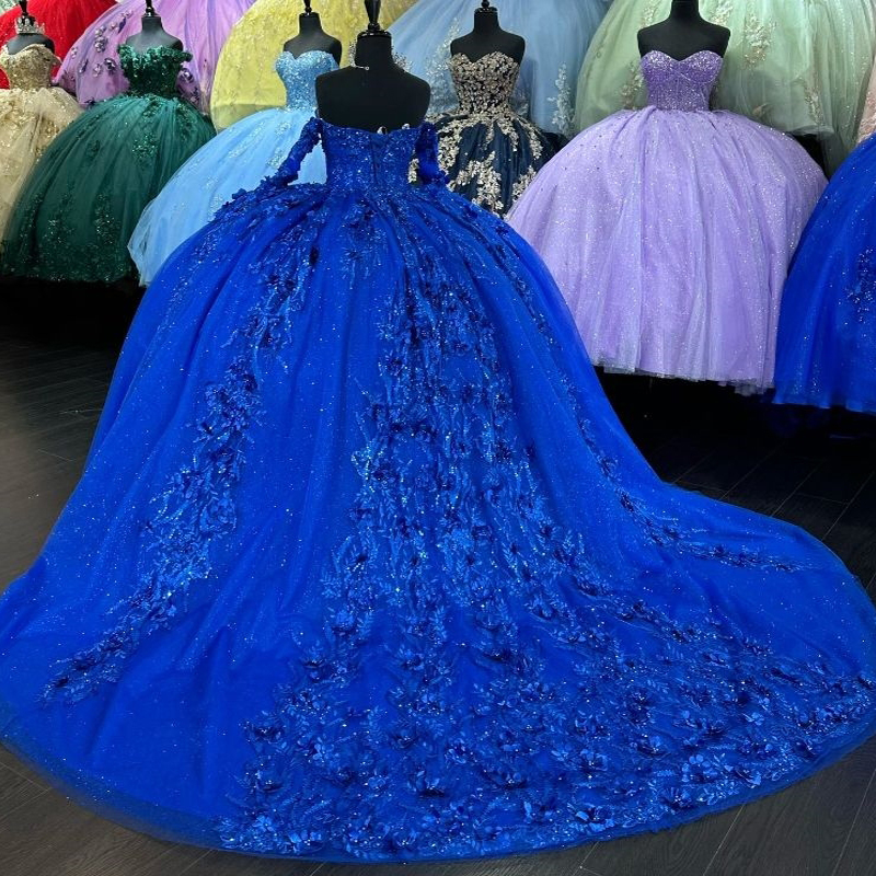 Royal Blue Shiny Sweetheart Quinceanera Dresses Applique Lace Beaded Crystal Long Sleeved Ball Gown Vestidos de 15 Anos Sweet 16 Dress