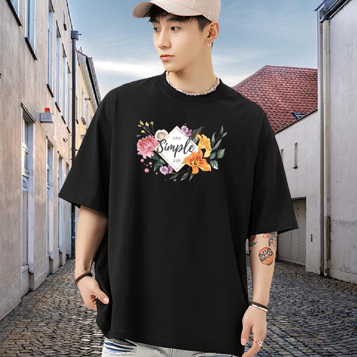 Fashion Man T Shirts 230g Cotton flower Street Casual Tops Shirt Breathable Short Sleeve Loose Fit Men Tops Tees Anime