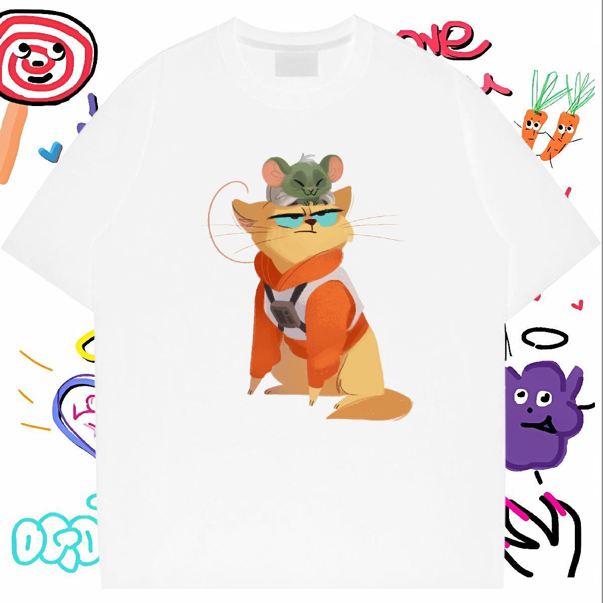 2024 New T-Shirts for Men 230g Cotton cat Hip Hop Tshirts Short Sleeve O-Neck Comfortable Mens Tshirts Oversized