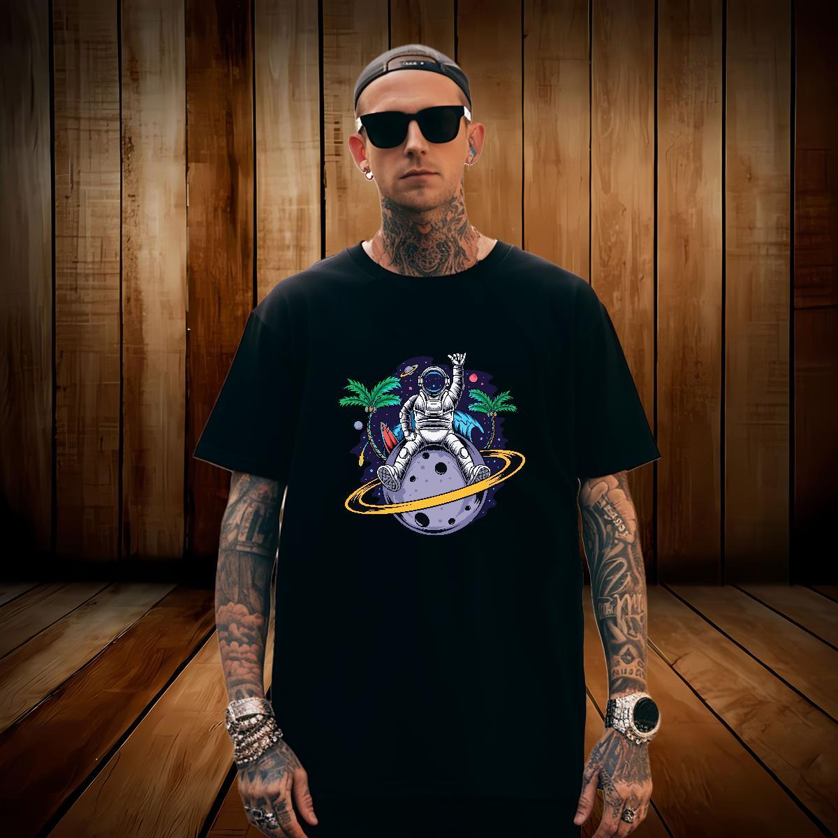 T-Shirts for Men 230g Cotton cosmonaut Daily Wear Round Neck Short Sleeve Skull Men Clothes T-Shirt Fashion New Wholesale Tshirts