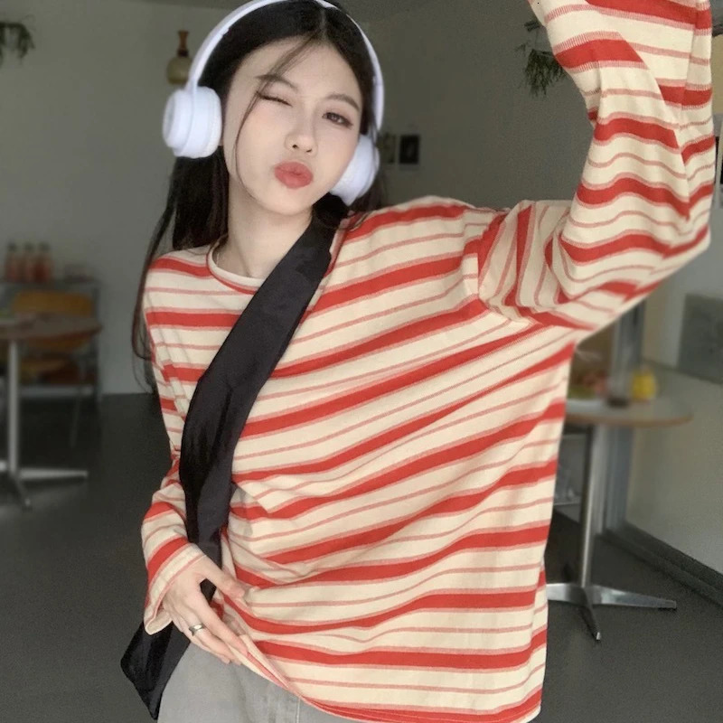 Womens Casual Top Spring Autumn Stripe Contrast Long Sleeves T-Shirt 240806