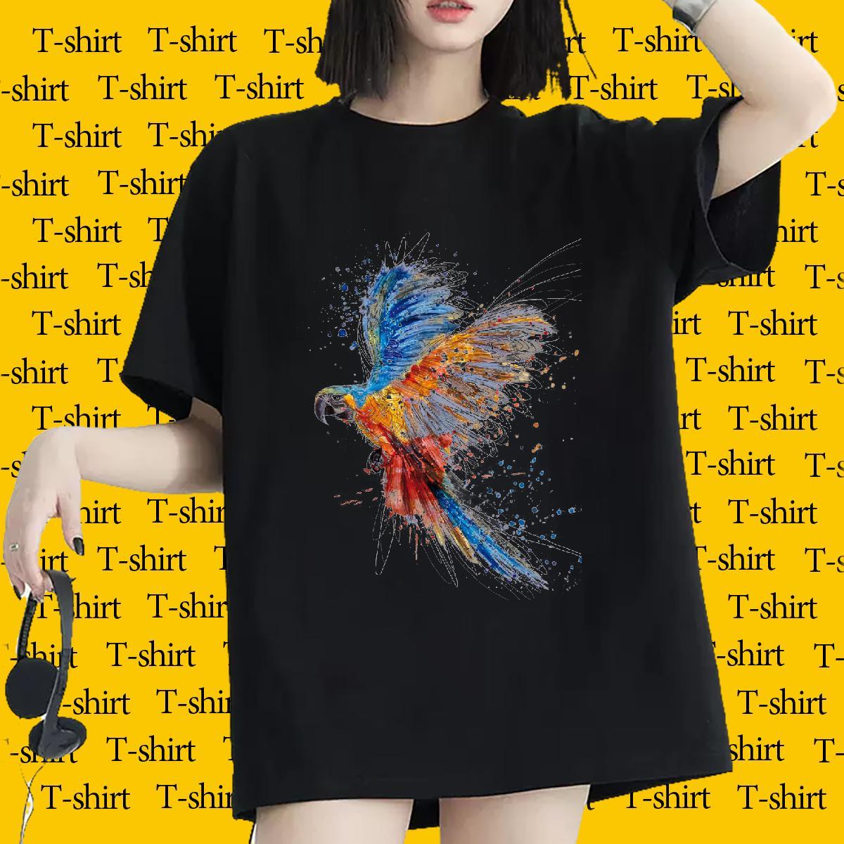 Female T Shirt For Woman Breathable Crew Neck Womens Tshirts Anime parrot Casual Daily Wear 230g Cotton New Tee Shirt