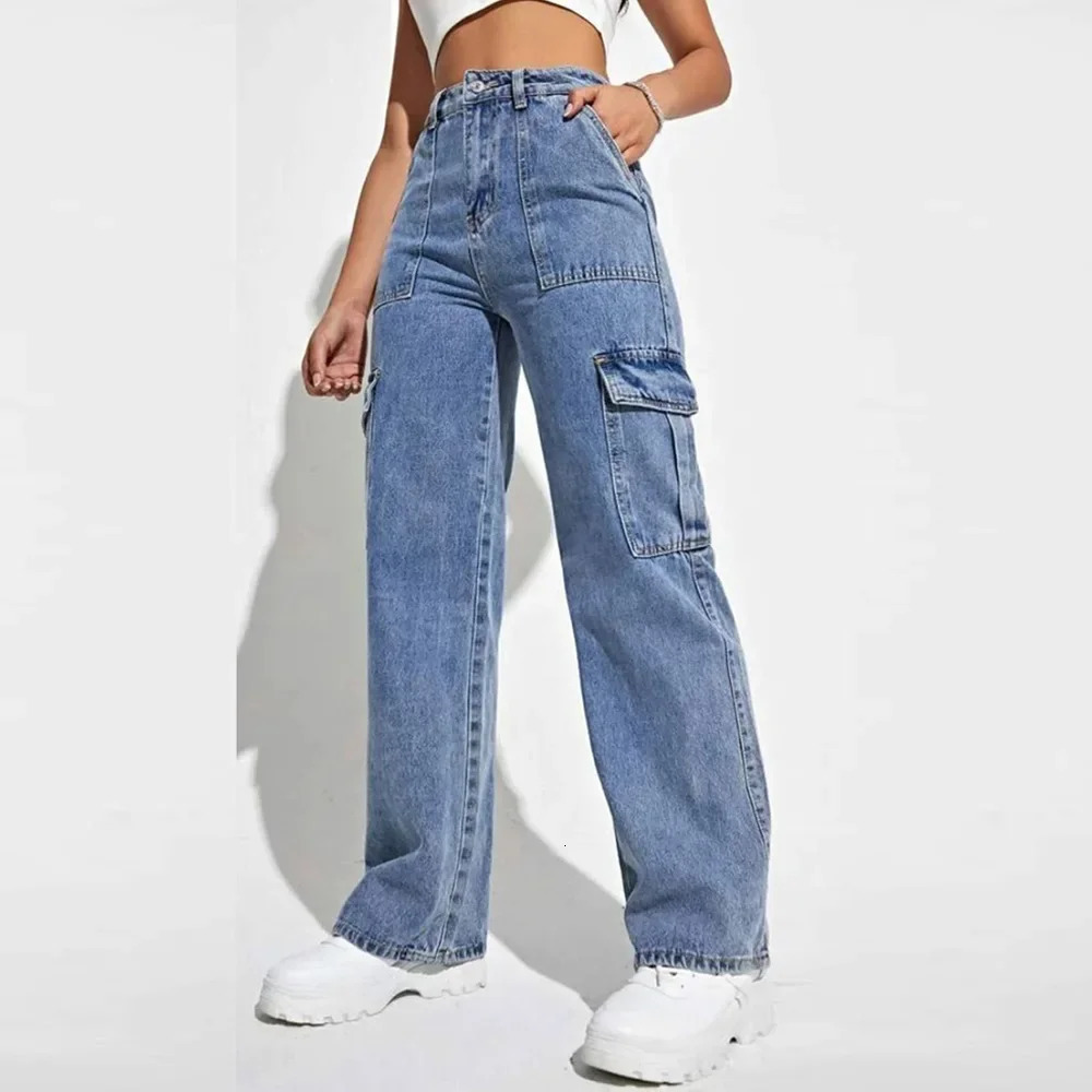 Womens High-waisted Elastic Waist Jeans Loose-fit Wide-leg Workwear Multiple Pockets Eur35-45 Wholesale 240806