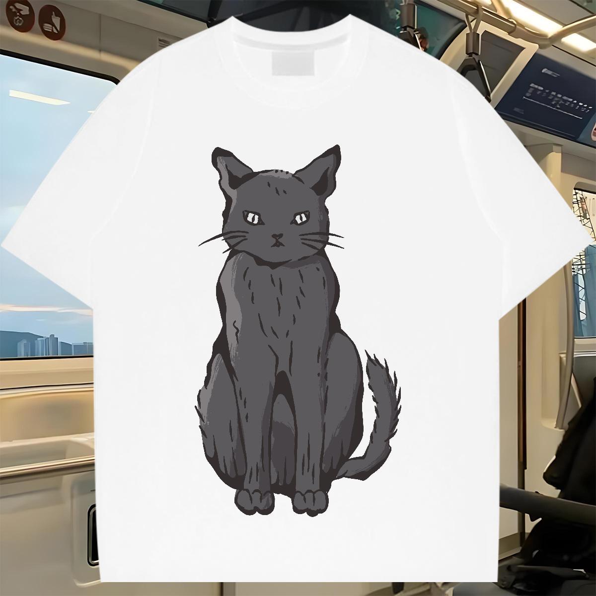 Fashion New T-Shirts 230g Pure Cotton cat Street Casual Tops Tees Breathable Loose Fit Men Tops Tees Cartoon Printing L-4XL