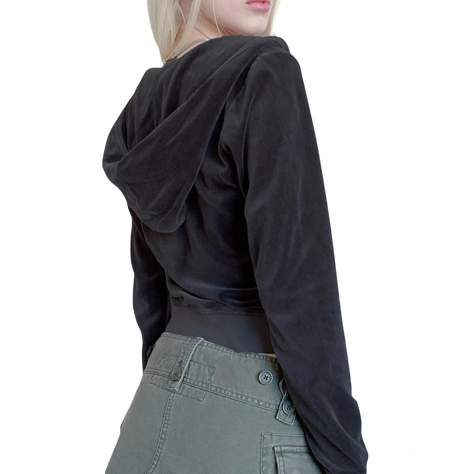 Womens Hooded Coat Long Sleeve Zipper Heart Side Pockets Fall Spring Street Casual Loose Short Velvet Coat 240806