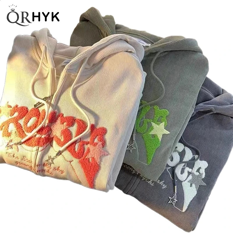 Women Retro Embroidery Hoodies Autumn Winter Zip Up Long Sleeve Loose Jacket Coats Y2K Casual Pocket Hooded Sweatshirts 240806