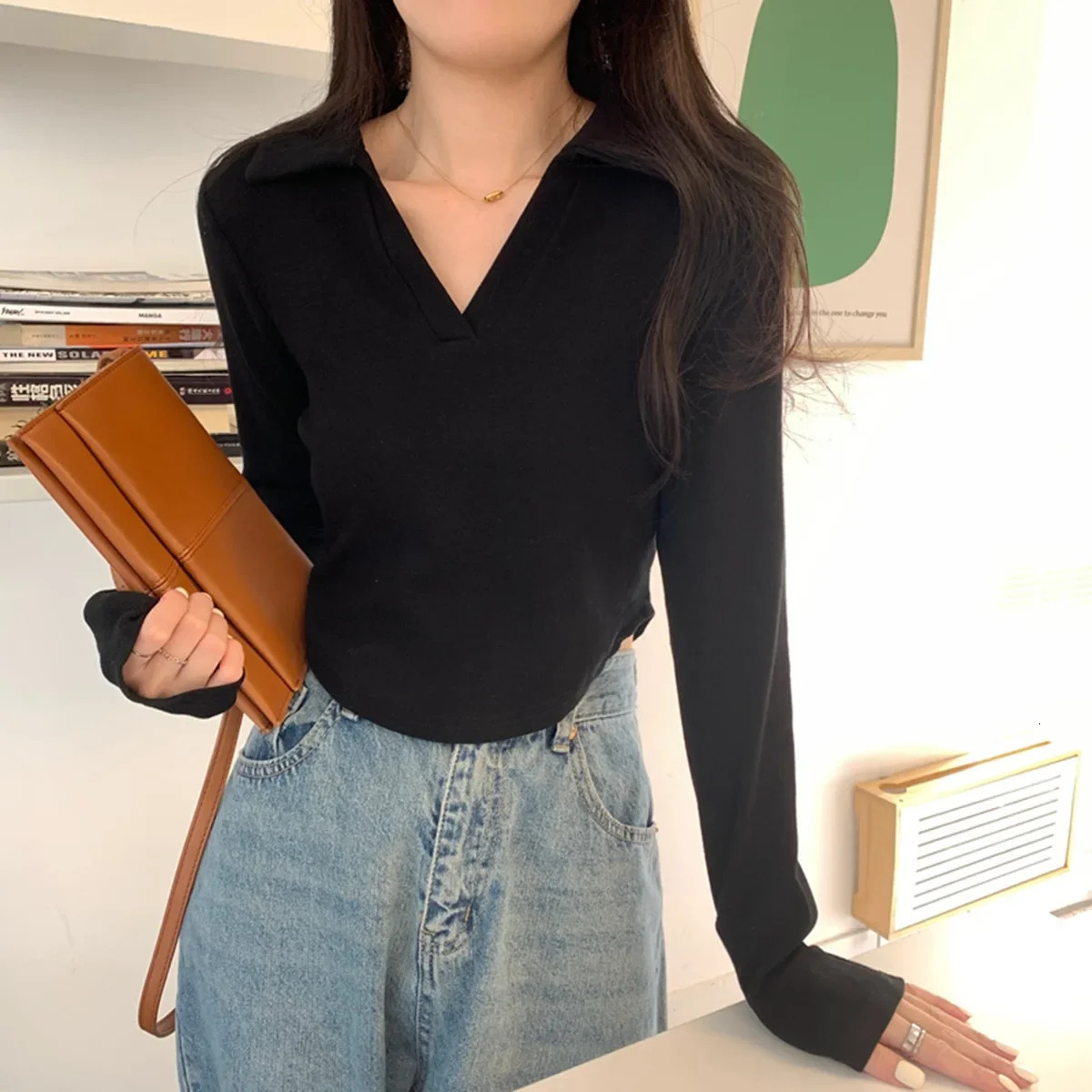 Versatileslims Smooths Your Silhouette Polo Collar Base Layer Top Autumn Solid Color Cropped Irregular Long Sleeve T-shirt Women 240806